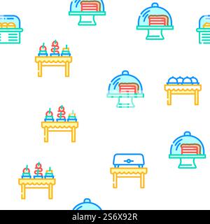 Buffet Essen Und Getränke Vektor Nahtlose Muster Farblinie Illustration. Buffet Essen Und Getränke Vektor Nahtlose Muster Stock Vektor