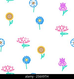 Blume Natürliche Aromatische Pflanze Vektor Nahtlose Muster Farbe Linie Illustration. Blume Natürliche Aromatische Pflanze Symbole Set Vektor Stock Vektor