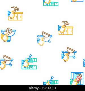 Reparatur- Und Wartungsservice Vektor Nahtlose Muster Farblinie Illustration. Reparatur- Und Wartungssymbole Set Vector Stock Vektor