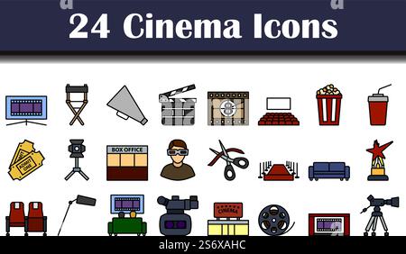 Cinema Icon Set. Editierbare Fett Formatigte Kontur Mit Farbfüllungsdesign. Vektorgrafik. Stock Vektor