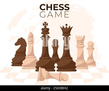 Karierte Schach-Spielbrett Cartoon-Hintergrund-Illustration mit schwarzen und weißen Stücken für Hobby-Aktivität, Wettbewerb oder Turnier Stock Vektor