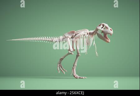 T rex-Skelett isoliert auf grünem Hintergrund. Dies ist eine 3D-Darstellung Stockfoto