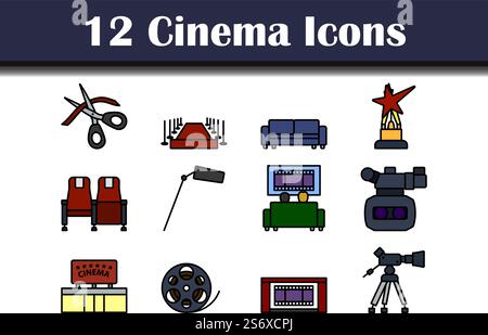 Cinema Icon Set. Editierbare Fett Formatigte Kontur Mit Farbfüllungsdesign. Vektorgrafik. Stock Vektor