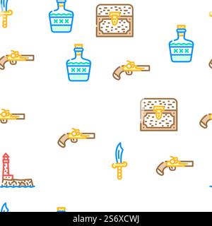 Pirate Sea Räuber Vektor Nahtlose Muster Farbe Linie Illustration. Seeräuber Seeräuber Vektor Nahtloses Muster Stock Vektor