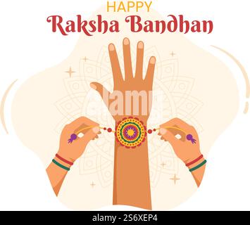 Happy Raksha Bandhan Cartoon Illustration mit Schwester, die Rakhi am Handgelenk ihrer Brüder bindet, um den Liebesbündnis in der indischen Festspielfestung zu symbolisieren Stock Vektor