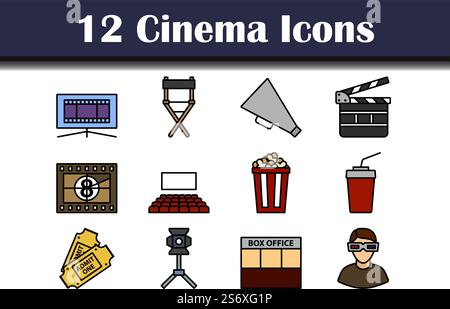 Cinema Icon Set. Editierbare Fett Formatigte Kontur Mit Farbfüllungsdesign. Vektorgrafik. Stock Vektor