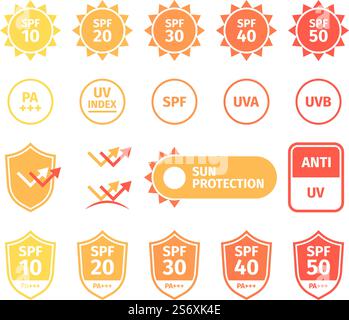 UV auf der Haut. Technisches Symbol für Flüssigkeit aus uv-Hautschutz Reflexion feuchtigkeitsspendende q10 Antioxidans Pflege Creme grell Vektor Symbole Vorlagen. Illustration des uv-Etiketts für die Haut. UV auf der Haut. Technisches Symbol für Flüssigkeit aus uv-Hautschutz Reflexion feuchtigkeitsspendende q10 Antioxidans Pflege Creme grell Vektor Symbole Vorlagen Stock Vektor