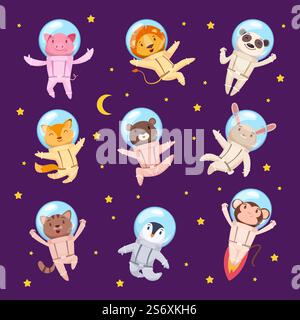 Weltraumreisende Tiere. Universum mit niedlichen Tieren Astronauten im professionellen Jumpsuit und Helmen lustige Zeichentrickhunde Katzen Füchse Bären exakte Vektorbilder. Illustration des Raumtiers Astronauten. Weltraumreisende Tiere. Universum mit niedlichen Tieren Astronauten im professionellen Jumpsuit und Helmen lustige Zeichentrickhunde Katzen Füchse Bären exakte Vektorbilder Stock Vektor