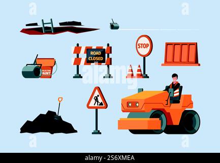Straßenreparatur. Baumaschinen Instrumente für Straßenarbeiter Maschine für Wartung Unterstützung grell Vektor Illustrationen Set. Bauunternehmer bauen Straße und Arbeiter. Straßenreparatur. Baumaschinen Instrumente für Straßenarbeiter Maschine für Wartung Unterstützung grell Vektor Illustrationen Set Stock Vektor