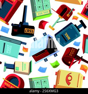 Postfachmuster. Korrespondenzbehälter Appartment Bunte Postboxen für Buchstaben grell Vektor nahtloser Hintergrund. Abbildung: Postfach- und Postfachhintergrund. Postfachmuster. Korrespondenzbehälter Appartment Bunte Postboxen für Buchstaben grell Vektor nahtloser Hintergrund Stock Vektor