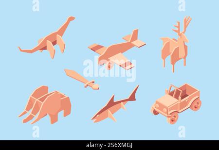 Pappspielzeug. Boxen für Kinder Vergnügen lustige Heimspiele Spielzeug Verpackung Behälter grell Vektor isometrische Illustrationen. Flugzeug und Auto aus Pappe, Spielzeugfahrzeug für Kind. Pappspielzeug. Boxen für Kinder Vergnügen lustige Heimspiele Spielzeug Verpackung Behälter grell Vektor isometrische Illustrationen Stock Vektor