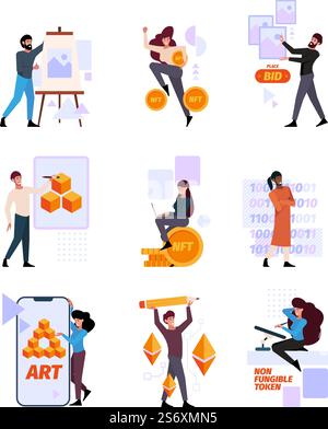 Kryptogemälde. NFT Blockchain Gemälde kreative Künstler digitale globale Galerie mit Foto Video Pixel Art grell Vektor flache Sammlung Set. Abbildung der nft-Technologie, Krypto-Token-Malerei. Kryptogemälde. NFT Blockchain Gemälde kreative Künstler digitale globale Galerie mit Foto Video Pixel Art grell Vektor flache Sammlung Set Stock Vektor