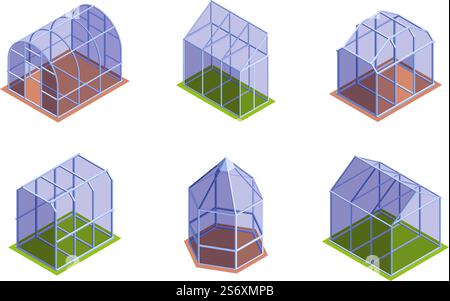 Gewächshaus isometrisch. Garten transparente Häuser für den Anbau von Pflanzen Gemüse oder Obst Anbau Blumen Vektor 3D Vorlagen Set Sammlung. Gewächshaus für Anbau und Gewächshaus-Illustration. Gewächshaus isometrisch. Garten transparente Häuser für den Anbau von Pflanzen Gemüse oder Obst Anbau Blumen grell Vektor 3D Vorlagen Set Sammlung Stock Vektor