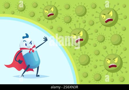 Hintergrund zum Virenschutz. Starke Antibiotika Kampf Bakterien Medizin Vitamine medizinische Behandlung exaktes Vektorkonzeptbild. Illustration des medizinischen Infektionsschutzes. Hintergrund zum Virenschutz. Starke Antibiotika Kampf Bakterien Medizin Vitamine medizinische Behandlung exaktes Vektorkonzeptbild Stock Vektor