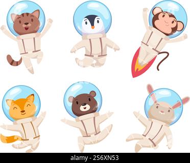 Tiere Astronauten. Niedliche Haustiere im Weltraum Helme Universum Reisende Hunde Bären Füchse exakte Vektor Zeichentricktiere. Illustration des Astronauten von Haustieren. Tiere Astronauten. Niedliche Haustiere im Weltraum Helme Universum Reisende Hunde Bären Füchse exakte Vektor Zeichentricktiere Stock Vektor