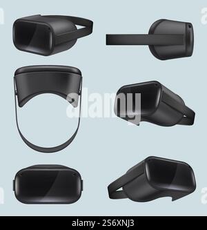 VR realistisch. Helm mit Controllern für 360-Grad-Ansichten futuristische elektronische Gadgets anständige Vektor-Virtual-Reality-Konzeptbilder. Darstellung der Simulation virtueller Controller. VR realistisch. Helm mit Controllern für 360-Grad-Ansichten futuristische elektronische Gadgets anständige Vektor-Virtual-Reality-Konzeptbilder Stock Vektor