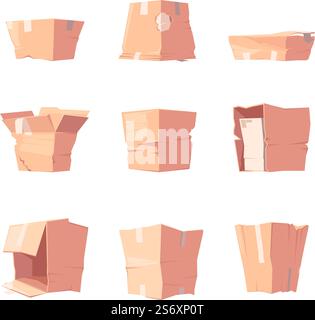 Schmutzige Kartons. Defekte Lieferbehälter Kartonverpackungen grell Vektor-Sammlung Bilder. Karton Karton kaputt und schmutzig Illustration. Schmutzige Kartons. Defekte Lieferbehälter Kartonverpackungen grell Vektor-Sammlung Bilder Stock Vektor