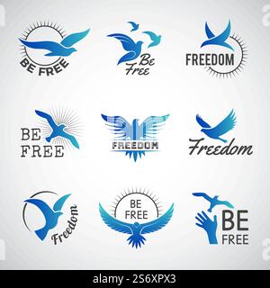 Freedom-Logo. Business Identity-Symbole mit fliegenden Vögeln Silhouetten und positiven Inspirationssphrasen. Illustration des Geschäfts mit Vogellogos. Freedom-Logo. Business Identity-Symbole mit fliegenden Vögeln Silhouetten und positiven Inspirationssphrasen Stock Vektor