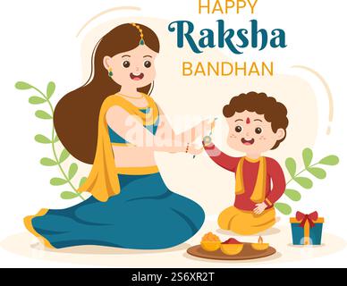 Happy Raksha Bandhan Cartoon Illustration mit Schwester, die Rakhi am Handgelenk ihrer Brüder bindet, um den Liebesbündnis in der indischen Festspielfestung zu symbolisieren Stock Vektor