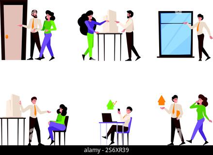 Immobilienkauf. Glückliche Paarwahl neuer Immobilienmakler, der Makler vermietet Zimmer oder Wohnzimmer grell Vektor Business Konzept Bilder Set. Illustration der Wahl, Immobilien zu kaufen oder zu vermieten. Immobilienkauf. Glückliche Paarwahl neuer Immobilienmakler, der Makler vermietet Zimmer oder Wohnzimmer grell Vektor Business Konzept Bilder Set Stock Vektor