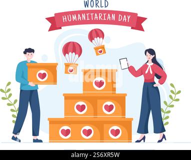 Welttag der humanitären Hilfe mit der globalen Festaktion zur Unterstützung von Menschen, Zusammenarbeit, Wohltätigkeit, Spende und Freiwilligenarbeit in flacher Cartoon-Illustration Stock Vektor