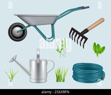 Gardenning realistisch. Werkzeuge für die Pflege von grünem Gras wachsende Pflanzen Einzelteile Gummihandschuh Schaufel Wagen anständige Vektor-Illustrationen Set isoliert auf weiß. Ausrüstung Gartenwerkzeug für den Gartenbau. Gardenning realistisch. Werkzeuge für die Pflege von grünem Gras wachsende Pflanzen Einzelteile Gummihandschuh Schaufel Wagen anständige Vektor-Illustrationen Set isoliert auf weiß Stock Vektor