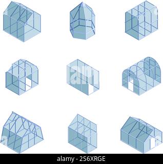 Gewächshäuser. Gartenräume im Freien für den Anbau von Gemüse und schönen Blumen Pflanzen Gewächshäuser für den Anbau von Früchten grell Vektor isometrische Illustrationen. Gewächshausglas für den Gartenanbau. Gewächshäuser. Gartenräume im Freien für den Anbau von Gemüse und schönen Blumen Pflanzen Gewächshäuser für den Anbau von Früchten grell Vektor isometrische Illustrationen Stock Vektor