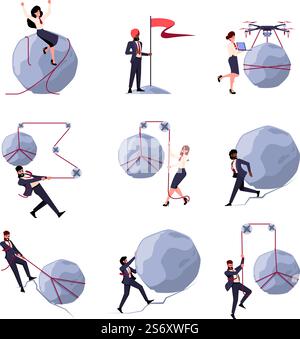 Geschäftsmann in den Bergen. Manager oder großer Boss, der Steinstein zum Bergteam zieht und schwere, grelle Vektorkonzepte illustriert. Geschäftsmann Boss Rise Challenge. Geschäftsmann in den Bergen. Manager oder großer Boss, der Steinstein zum Bergteam zieht und schwere, grelle Vektorkonzepte illustriert Stock Vektor