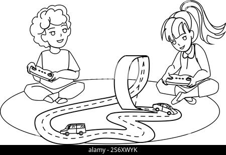 Junge Und Mädchen Spielen Gemeinsam Autospuren Vector. Kinder Im Vorschulalter Spielen Elektronische Autospuren Spielzeug. Charaktere Kinder, die das Automobilrennen mit der schwarzen Linie der Fernbedienung genießen. Junge Und Mädchen Spielen Gemeinsam Autospuren Vector Stock Vektor