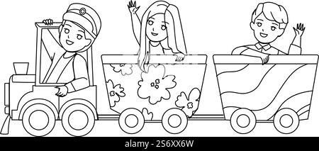 Kinderzug Reiten Kinder Im Vergnügungspark Vector. Junge Und Mädchen Reiten Zusammen In Kid Train, Lustige Attraktion. Charaktere genießen und spielen auf der schwarzen Lokomotive Illustration. Kinderzug Reiten Kinder Im Vergnügungspark Vector Stock Vektor