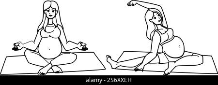 Yoga-Vektor der schwangeren Frau. Schwangerschaft Übung, pränatale Sport, Mutter und Baby, Heim Fitness, Gesundheit Pilates Mutterschaft schwangere Frau Yoga. Leute schwarze Linie Bleistift Zeichnung Vektor Illustration. Yoga-Vektor der schwangeren Frau Stock Vektor