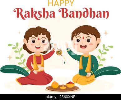 Happy Raksha Bandhan Cartoon Illustration mit Schwester, die Rakhi am Handgelenk ihrer Brüder bindet, um den Liebesbündnis in der indischen Festspielfestung zu symbolisieren Stock Vektor