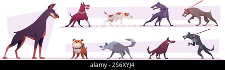 Verrückte Hunde. Wütende Tiere mit scharfen Zähnen exakte Vektor-Zombiehunde in Aktion posieren stehend, gehen und springen. Illustration von verrücktem Hund, wütende Tiersammlung. Verrückte Hunde. Wütende Tiere mit scharfen Zähnen exakte Vektor-Zombiehunde in Aktion posieren stehend, gehen und springen Stock Vektor