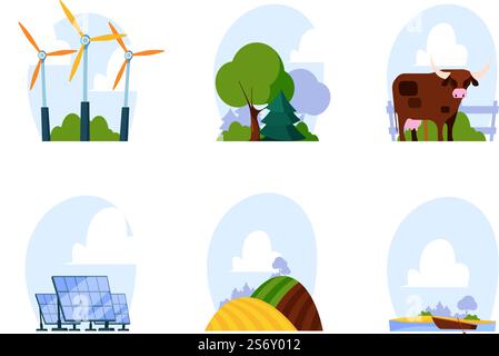 Natürliche Ressourcen. Umwelt Extraktionsanlagen Öl- und Gasextraktion Mineralien Elektrizität Kräfte und Energie aus Wasser Wind grell Vektor flach Konzept. Umwelt Energie Ressource, Energie Technologie. Natürliche Ressourcen. Umwelt Extraktionsanlagen Öl- und Gasextraktion Mineralien Elektrizität Kräfte und Energie aus Wasser Wind grell Vektor flach Konzept Stock Vektor