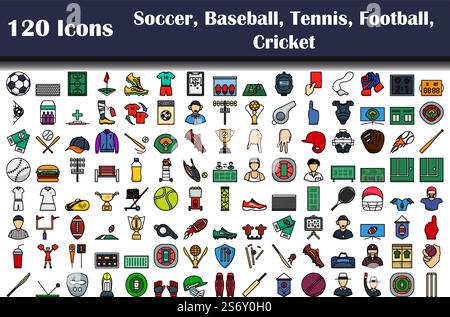 120 Ikonen Von Fußball, Baseballspiel, Tennis, Fußball, Cricket. Editierbare Fett Formatigte Kontur Mit Farbfüllungsdesign. Vektorgrafik. Stock Vektor