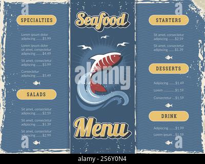 Meeresfrüchte-Restaurant-Menü. Druckvorlagen mit stilisierten Bildern des Unterwasserlebens mit Fischen und Wellen Corporate Design aktuelle Vektoranilliustration mit Platz für Text. Meeresfrüchte-Restaurant-Menü. Meeresfrüchte-Restaurant-Menü. Druckvorlagen mit stilisierten Bildern des Unterwasserlebens mit Fischen und Wellen Corporate Design aktuelle Vektoranilliustration mit Platz für Text Stock Vektor