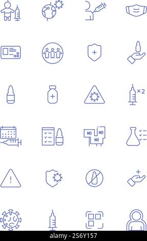 Impfsymbole. Medizinischer Seuchenschutz covid 19 Injektionsspritze Warnung Therapie Gesundheitsbehandlung grell Vektor lineare Icon Set isoliert. Abbildung der Symbole für den Seuchenschutz. Impfsymbole. Medizinischer Seuchenschutz covid 19 Injektionsspritze Warnung Therapie Gesundheitsbehandlung grell Vektor lineare Icon Set isoliert Stock Vektor