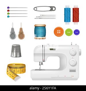Nähmaschine. Realistische Schneidersatz Nähen professionelle Produktion Sammlung Elemente Nadeln Gewinde Stifte Zentimeter anständige Vektor Bilder Set. Abbildung der Ausrüstung für Handarbeiten. Nähmaschine. Realistische Schneidersatz Nähen professionelle Produktion Sammlung Elemente Nadeln Gewinde Stifte Zentimeter anständige Vektor Bilder Set Stock Vektor