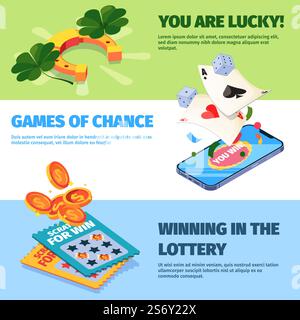 Lotterie-Banner. Geldpreis für Glücksgewinner Lotto- und Keno-Spiele Bingo- und Poker-Spiele grelle Vektor-horizontale Vorlagen mit Platz für Text. Illustration der Glücksspiel-Lotterie. Lotterie-Banner. Geldpreis für Glücksgewinner Lotto- und Keno-Spiele Bingo- und Poker-Spiele grelle Vektor-horizontale Vorlagen mit Platz für Text Stock Vektor