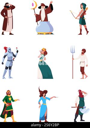 Mittelalterliche Charaktere. Königreich Fantasy Prinzessinnen Bogenschützen Ritter königliche Karneval europäische Kostüme historische Menschen grell Vektor flache Vorlagen Set. Illustration des mittelalterlichen Königs und Henkers. Mittelalterliche Charaktere. Königreich Fantasy Prinzessinnen Bogenschützen Ritter königliche Karneval europäische Kostüme historische Menschen grell Vektor flache Vorlagen Set Stock Vektor