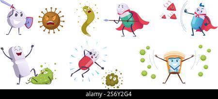 Antibiotika-Kampfcharaktere. Virus lustige Symbole gesunder Schutz Konzept Illustration von Antibiotika geschädigten Bakterien Pflege Pillen exakte Vektor-Karikatur Illustration Set. Virus und medizinische Pille. Antibiotika-Kampfcharaktere. Virus lustige Symbole gesunder Schutz Konzept Illustration von Antibiotika geschädigten Bakterien Pflege Pillen exakte Vektor-Karikatur Illustration Set Stock Vektor