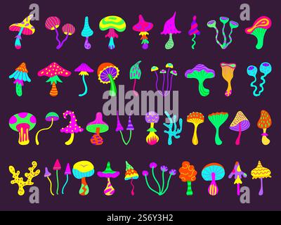 Giftiger Pilz. Ungesunde botanische giftige giftige Nahrung Bunte Neon Märchenwald psychedelische Pilze neue Vektor-Set. Illustration giftiger Pilze, Krötenpilze und Pilze. Giftiger Pilz. Ungesunde botanische giftige giftige Nahrung Bunte Neon Märchenwald psychedelische Pilze neue Vektor-Set Stock Vektor