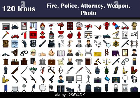 120 Symbole Von Feuer, Polizei, Anwalt, Waffe, Foto. Editierbare Fett Formatigte Kontur Mit Farbfüllungsdesign. Vektorgrafik. Stock Vektor