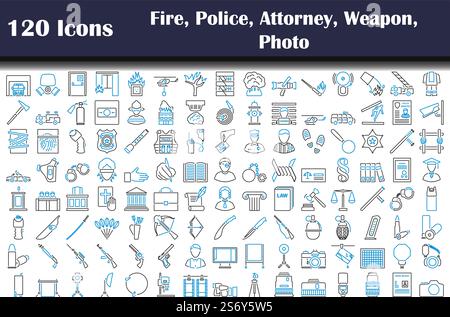 120 Symbole Von Feuer, Polizei, Anwalt, Waffe, Foto. Editierbare Fett Formatigte Kontur Mit Farbfüllungsdesign. Vektorgrafik. Stock Vektor