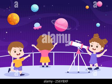 Astronomie Cartoon Illustration mit niedlichen Kindern beobachten Nacht Sternenhimmel, Galaxie und Planeten im Weltraum durch Teleskop in Flat Hand Drawn Style Stock Vektor