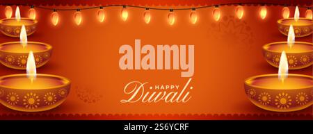 Realistisches fröhliches diwali Festival-Banner mit Lichtern und Diya-Dekoration Stock Vektor