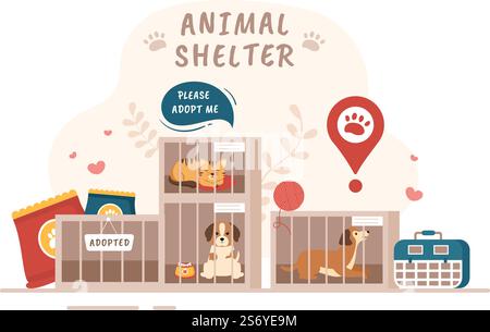 Tierheim Cartoon Illustration mit Tieren sitzen in Käfigen und Freiwilligen Fütterung Tiere für die Annahme in Flat Hand Drawn Style Design Stock Vektor