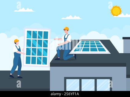 Solaranlagen, Paneel- oder Windenergieanlagenwartung mit Home Service Team für den Betrieb des Stromnetzes in Cartoon Illustration Stock Vektor