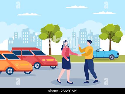 Autovermietung, Reservierung und gemeinsame Nutzung mit Service Mobile Anwendung mit Route oder Punkte Lage in Hand gezeichnet Cartoon flache Illustration Stock Vektor