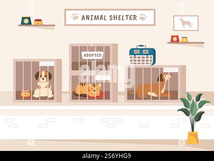 Tierheim Cartoon Illustration mit Tieren sitzen in Käfigen und Freiwilligen Fütterung Tiere für die Annahme in Flat Hand Drawn Style Design Stock Vektor